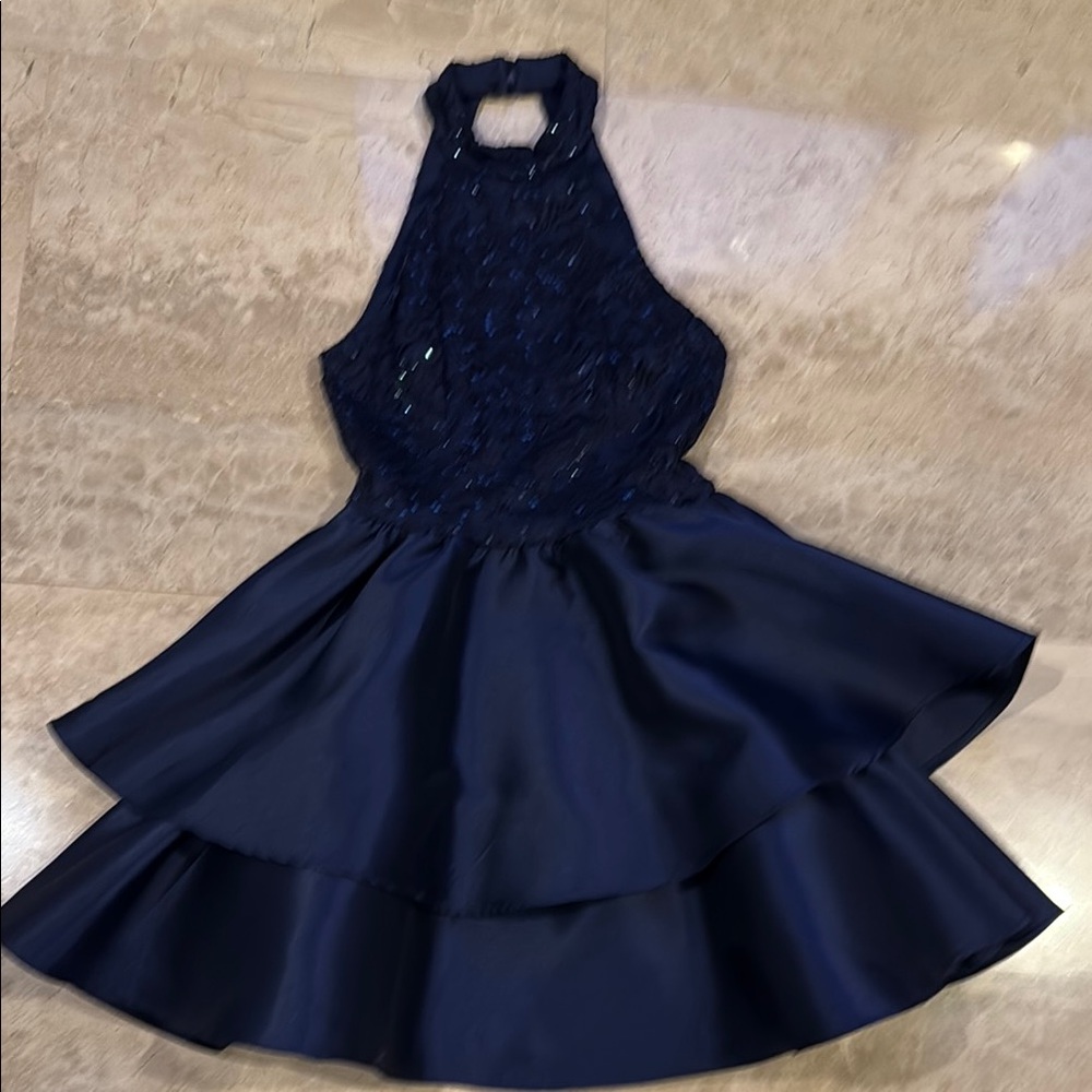 B Darlin Blue Sequin Halter Fit and Flare Dress